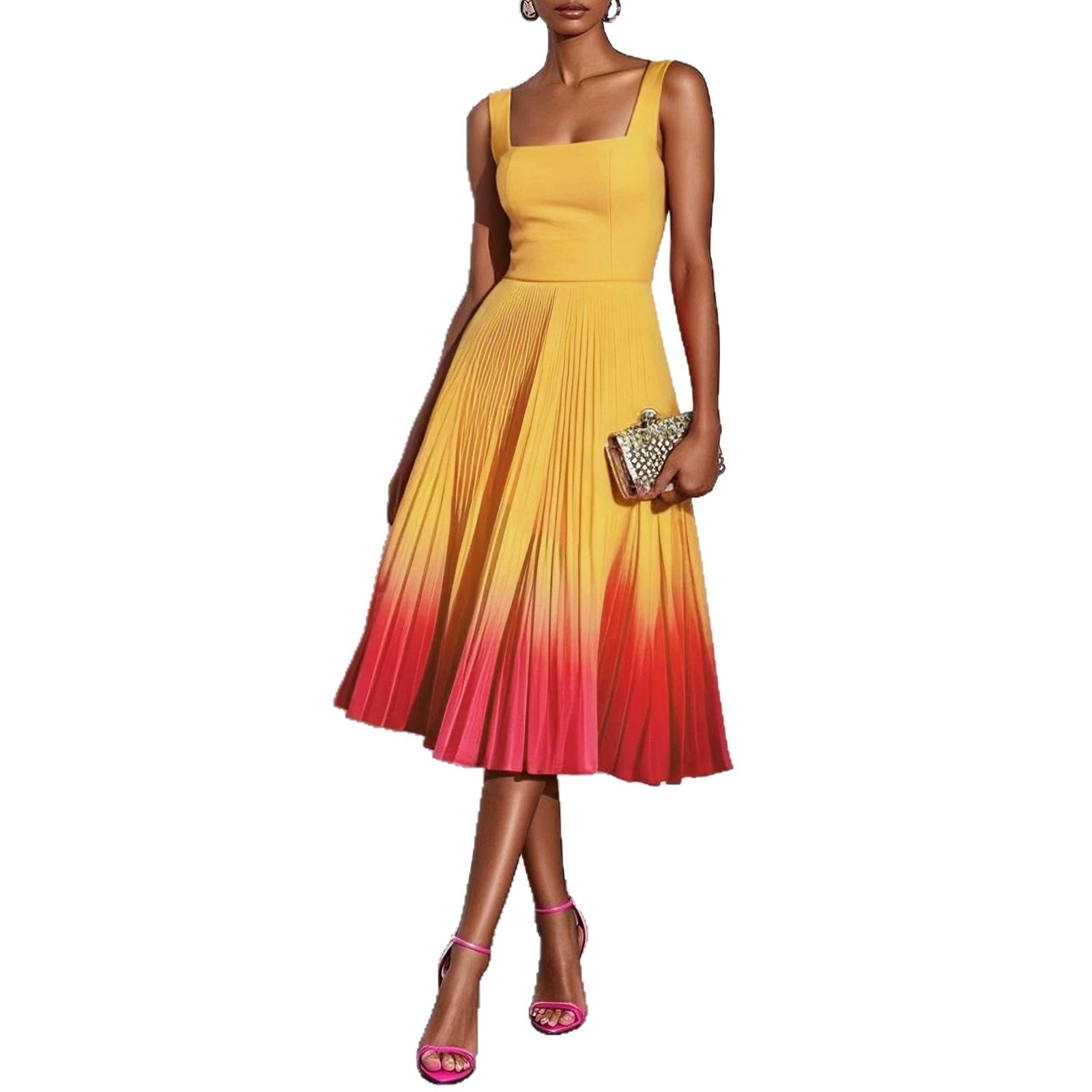 Square-neck Mid-length Dress With Gradient Pleats