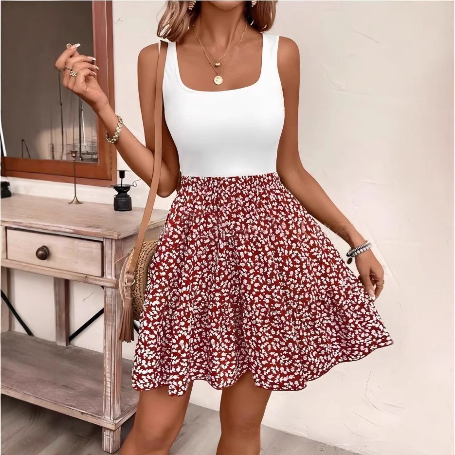 Floral-print A-line Dress With A Floral Pattern And A Vest Design