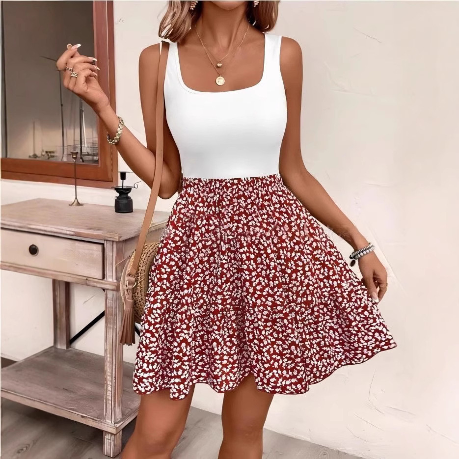 Floral-print A-line Dress With A Floral Pattern And A Vest Design