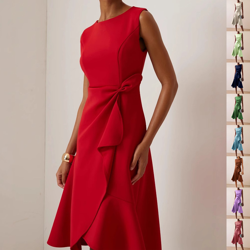Women’s Bow-knot Sleeveless Dress Summer Round Neck Red Temperament