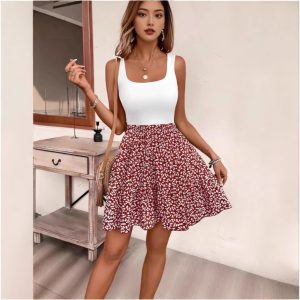 Floral-print A-line Dress With A Floral Pattern And A Vest Design