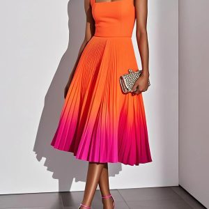 Square-neck Mid-length Dress With Gradient Pleats