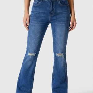 Women High Waist Knee Ripped Washed Flare Denim Jeans Stretch Slim Floor-Length Pants For American Retro Street Style Outfits