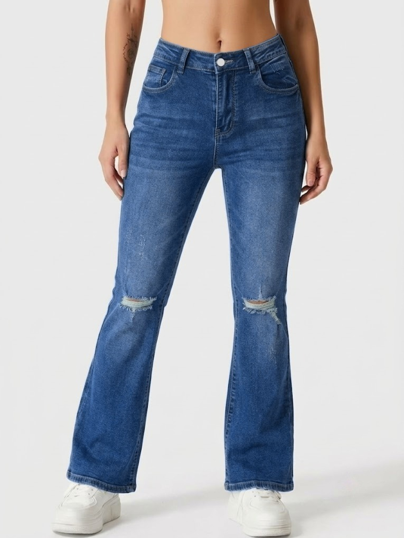 Women High Waist Knee Ripped Washed Flare Denim Jeans Stretch Slim Floor-Length Pants For American Retro Street Style Outfits